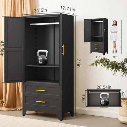 Steel Armoire Wardrobe Closet, 71" Metal Clothing Storage Cabinets with 2 Doors, 1 Adjustable Shelf and 2 Drawers, Metal Wardrobe Cabinet with Hanging Rod for Bedroom, Gym, Cloak Room (Black)
