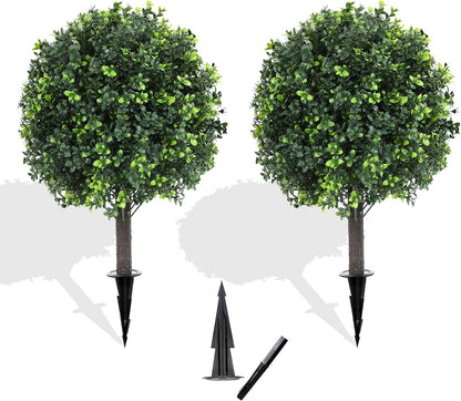 27.2" Artificial Boxwood Topiary Set of 2 with Spike, Fake Plants Boxwood Balls Greenery Bushes, Uv Resistant Artificial Outdoor Plants Shrubs for Front Porch Decor, Home Faux Plants Indoor