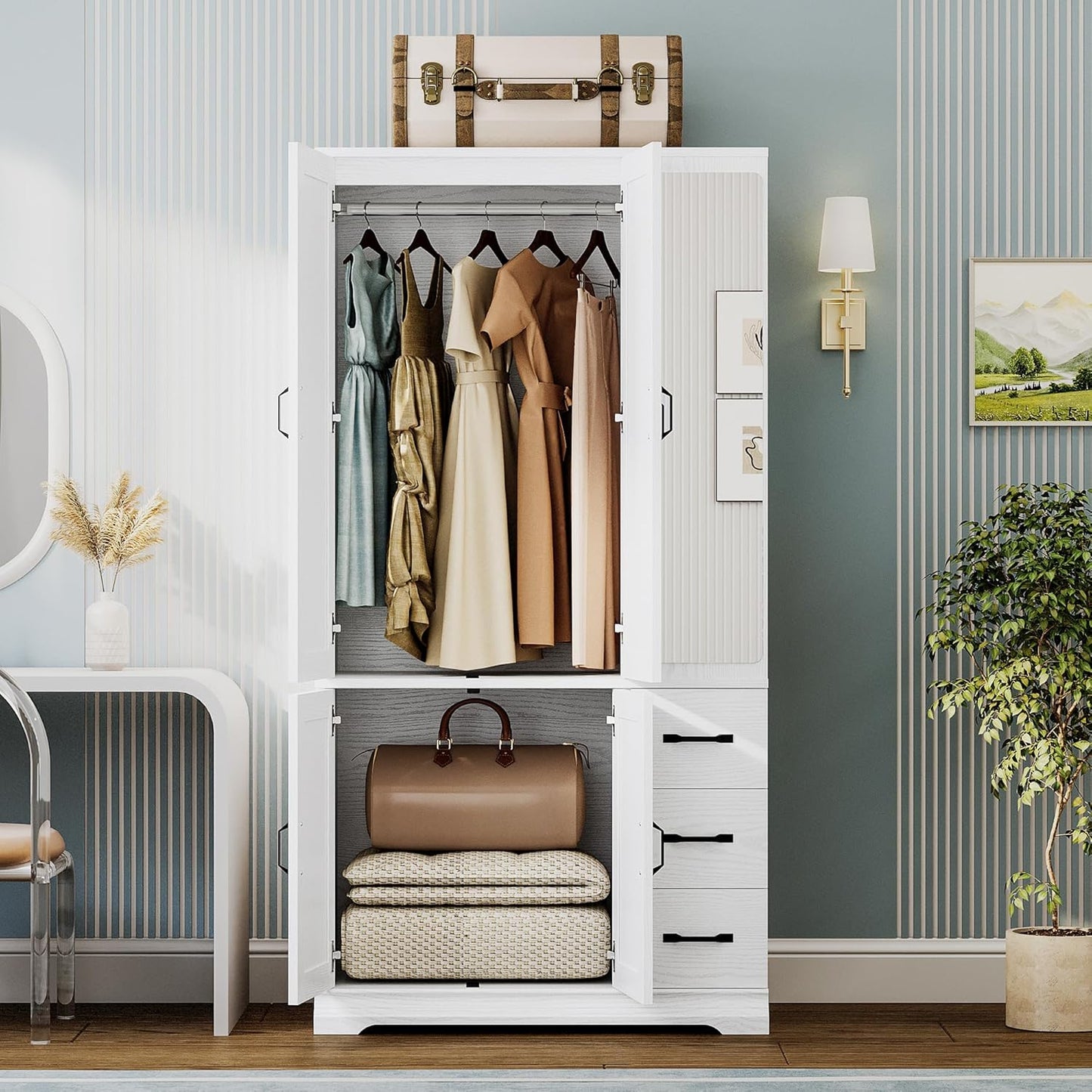 ANCTOR Armoire Wardrobe Closet with Mirror, 70.9" H × 36.2" W, Bedroom Armoires with 4 Doors, 3 Drawers and Shelves, Large Clothing Storage Cabinet for Hanging Clothes, White