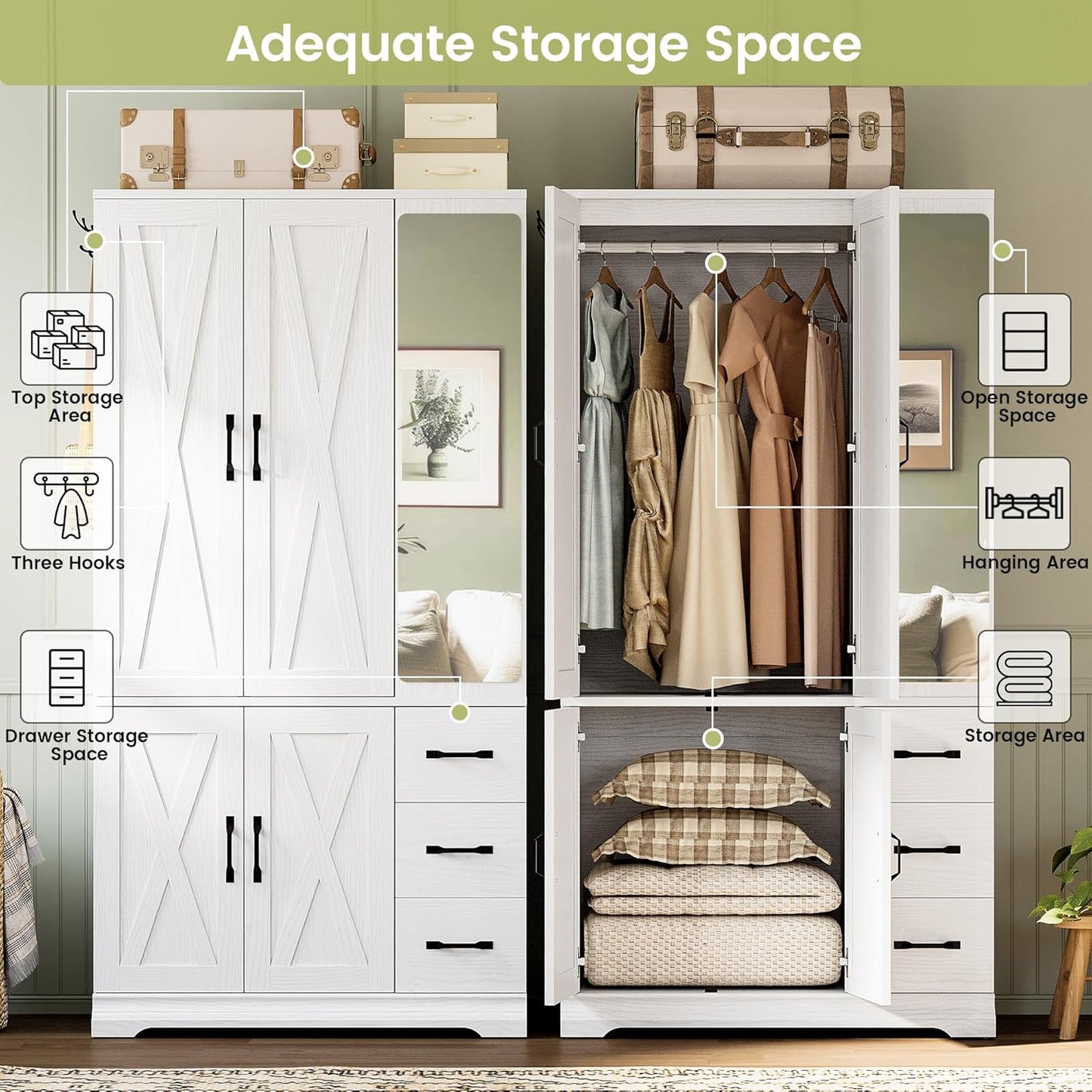 ANCTOR Armoire Wardrobe Closet with Mirror, 70.9" H × 36.2" W, Bedroom Armoires with 4 Doors, 3 Drawers and Shelves, Large Clothing Storage Cabinet for Hanging Clothes, White
