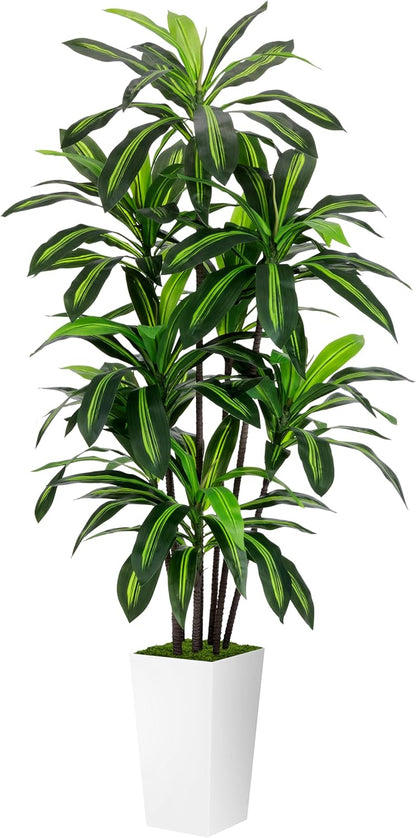 Artificial Dracaena Plant Indoor 5FT - Fake Tree with White Tall Planter - Faux Yucca Tall Fake Floor Plant in Pot - Artificial Trees for Home Office Living Room Decor Indoor