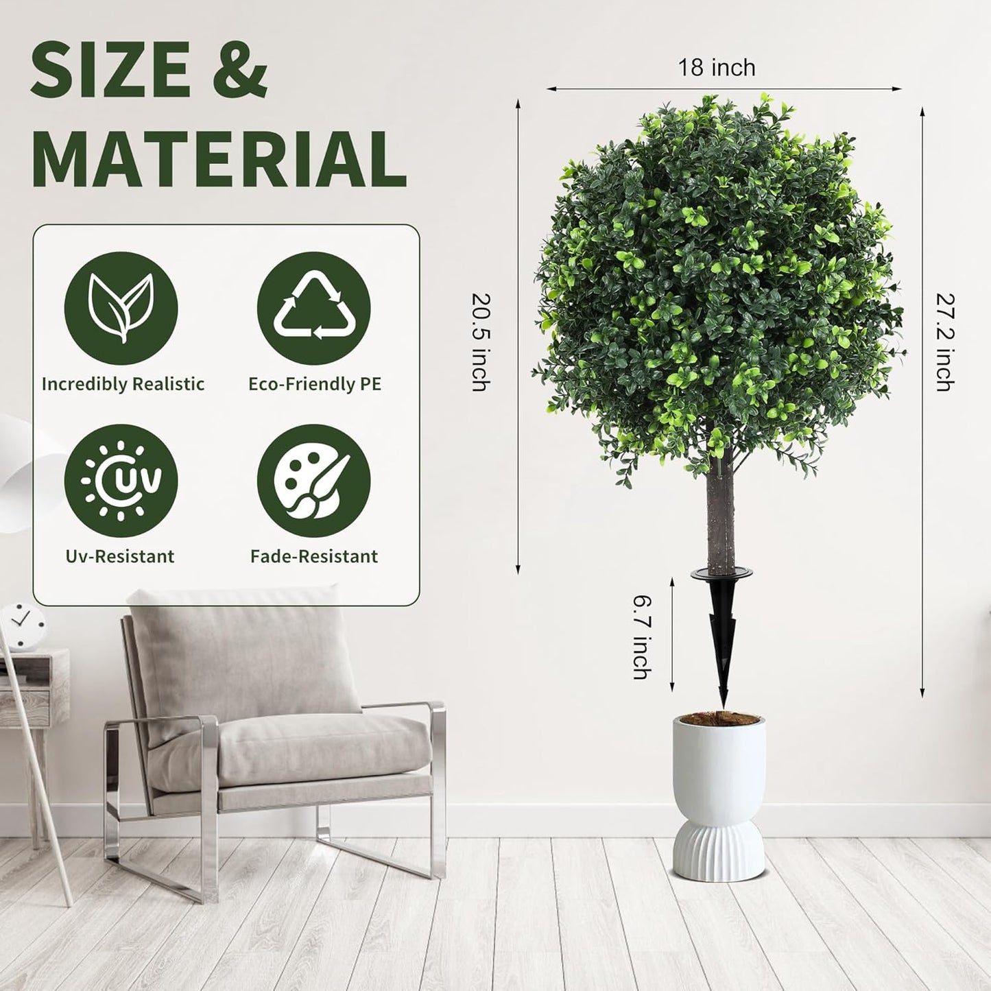 27.2" Artificial Boxwood Topiary Set of 2 with Spike, Fake Plants Boxwood Balls Greenery Bushes, Uv Resistant Artificial Outdoor Plants Shrubs for Front Porch Decor, Home Faux Plants Indoor