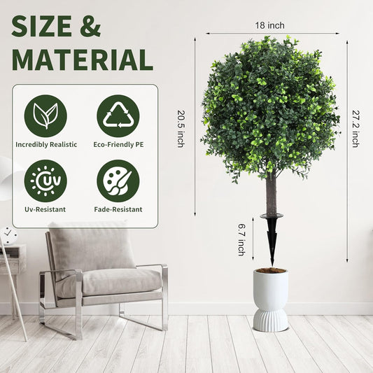 27.2" Artificial Boxwood Topiary Set of 2 with Spike, Fake Plants Boxwood Balls Greenery Bushes, Uv Resistant Artificial Outdoor Plants Shrubs for Front Porch Decor, Home Faux Plants Indoor