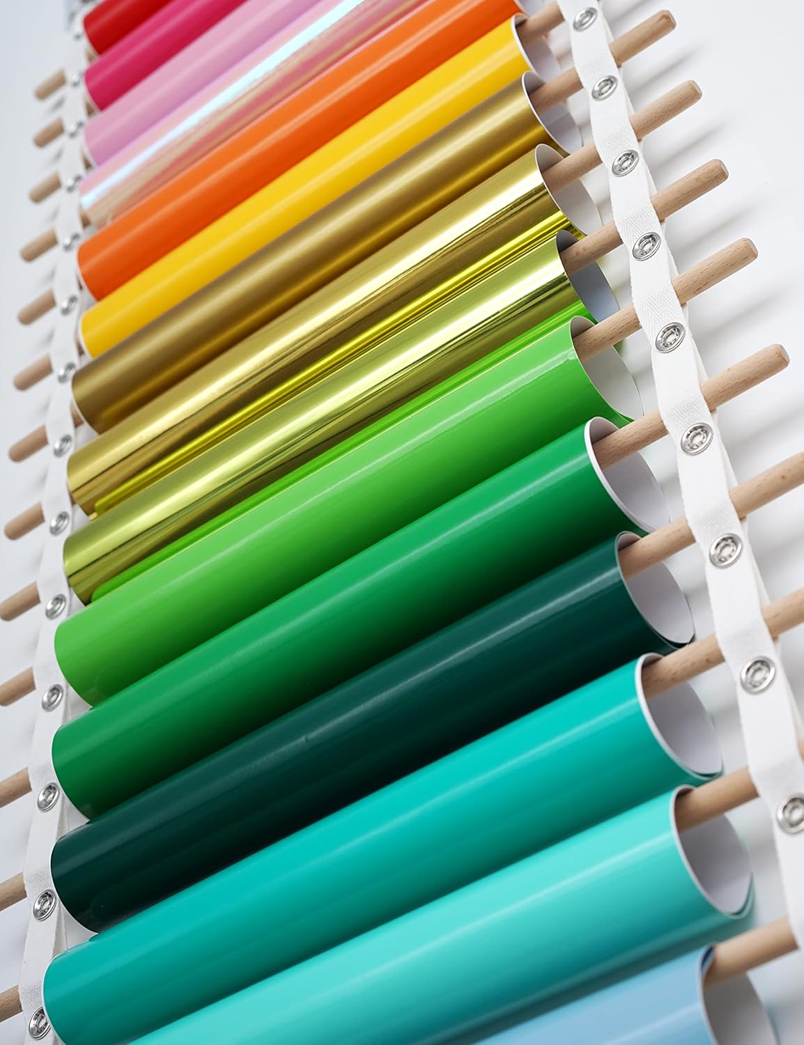 Vinyl Roll Holder, 25 Rolls, Craft Roll Storage and Organizer, Cotton Straps and Wood Dowels, with Door Hanging Hooks