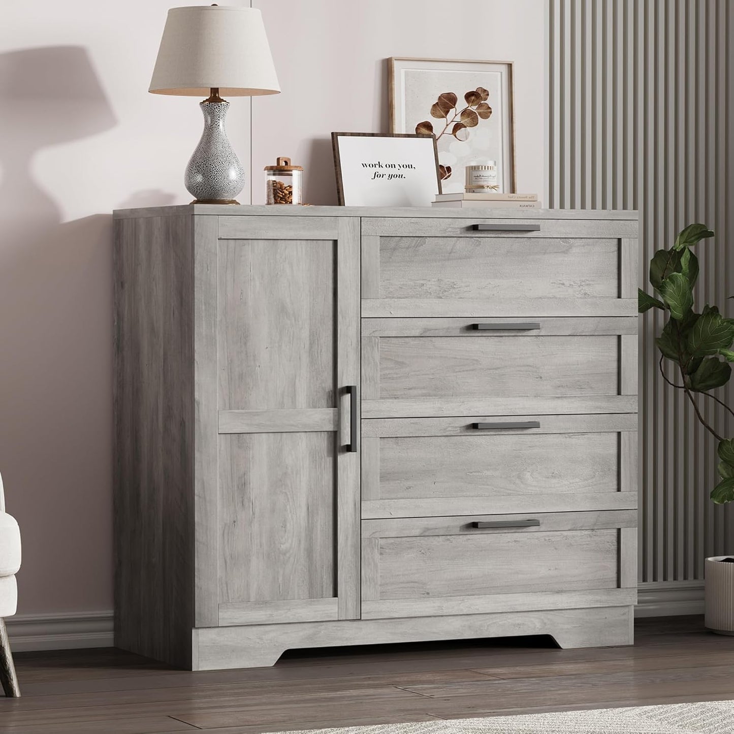 IDEALHOUSE 43.3'' H Armoire Wardrobe Closet with 4 Drawers and 2 Doors, Hanging Rod, Multifunctional Wooden Dresser with Storage Closet, Bathroom Cabinet for Bedroom, Gray