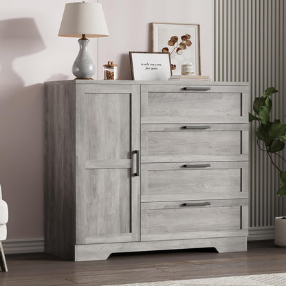 IDEALHOUSE 43.3'' H Armoire Wardrobe Closet with 4 Drawers and 2 Doors, Hanging Rod, Multifunctional Wooden Dresser with Storage Closet, Bathroom Cabinet for Bedroom, Gray