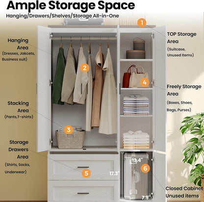 ANCTOR Freestanding Wardrobe Closet 70.6" H, Tall Armoire Wardrobe Closet 3 Doors with Hanging Rod, Drawers, Adjustable Cube Shelves and a Closed Cabinet Organizer Modern Bedroom Clothes Cabinet
