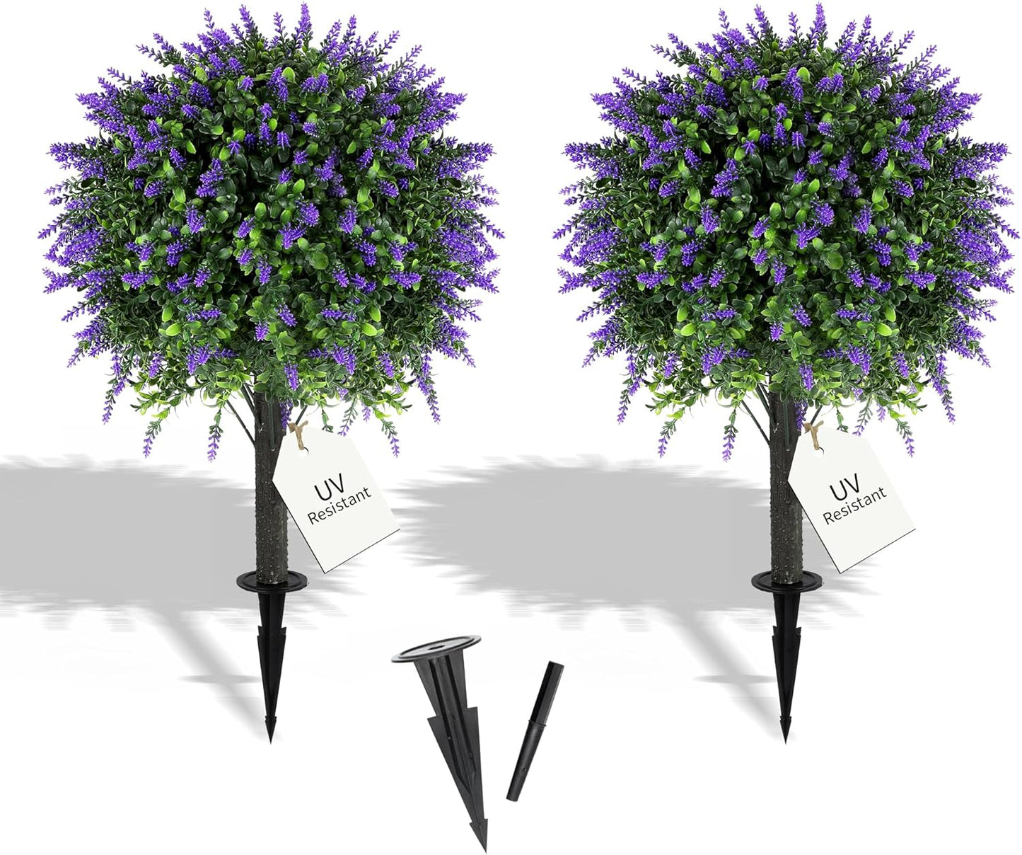 27.2" Artificial Boxwood Topiary Set of 2 with Spike, Fake Plants Boxwood Balls Greenery Bushes, Uv Resistant Artificial Outdoor Plants Shrubs for Front Porch Decor, Home Faux Plants Indoor