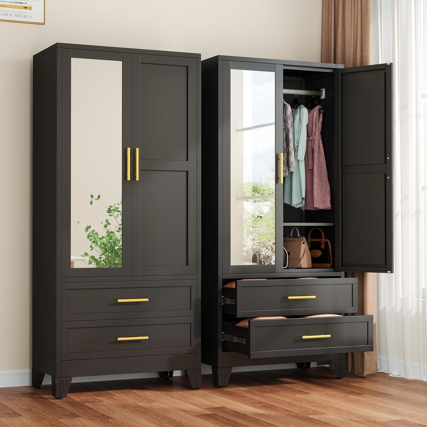 Metal Armoire Wardrobe Closet with 2 Mirror Doors, 71"' Wardrobe Cabinet with Adjustable Shelves and Hanging Rod, Clothing Storage Cabinet Closet with Mirror for Bedroom-Black