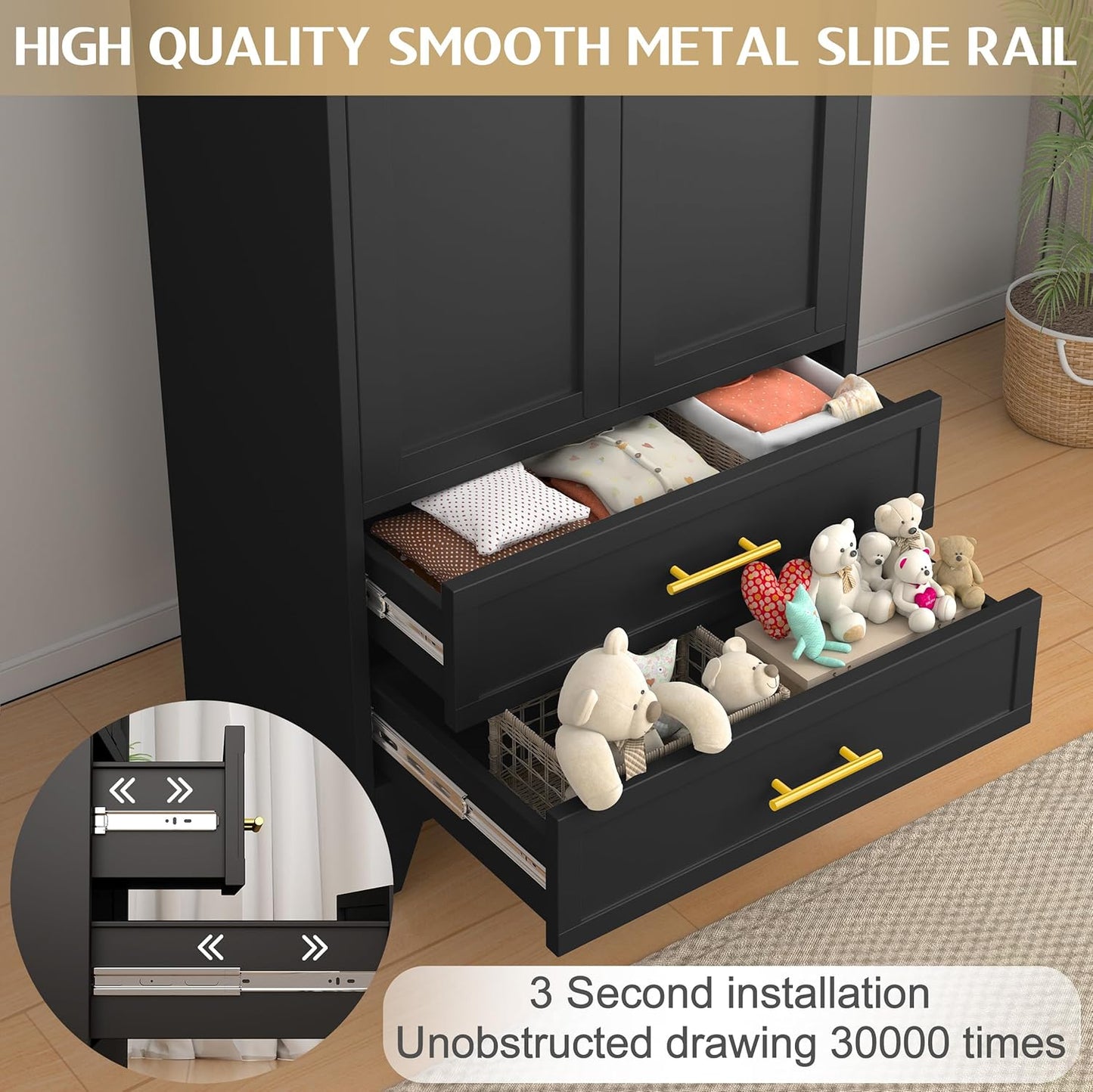 Steel Armoire Wardrobe Closet, 71" Metal Clothing Storage Cabinets with 2 Doors, 1 Adjustable Shelf and 2 Drawers, Metal Wardrobe Cabinet with Hanging Rod for Bedroom, Gym, Cloak Room (Black)