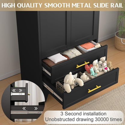 Steel Armoire Wardrobe Closet, 71" Metal Clothing Storage Cabinets with 2 Doors, 1 Adjustable Shelf and 2 Drawers, Metal Wardrobe Cabinet with Hanging Rod for Bedroom, Gym, Cloak Room (Black)