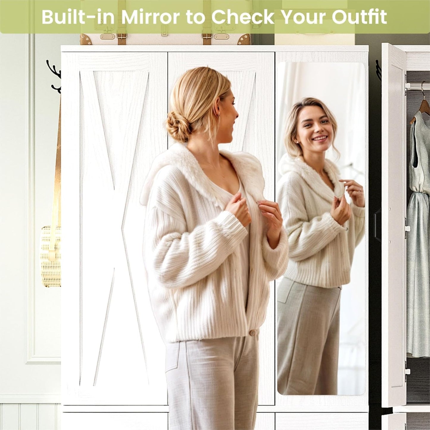 ANCTOR Armoire Wardrobe Closet with Mirror, 70.9" H × 36.2" W, Bedroom Armoires with 4 Doors, 3 Drawers and Shelves, Large Clothing Storage Cabinet for Hanging Clothes, White