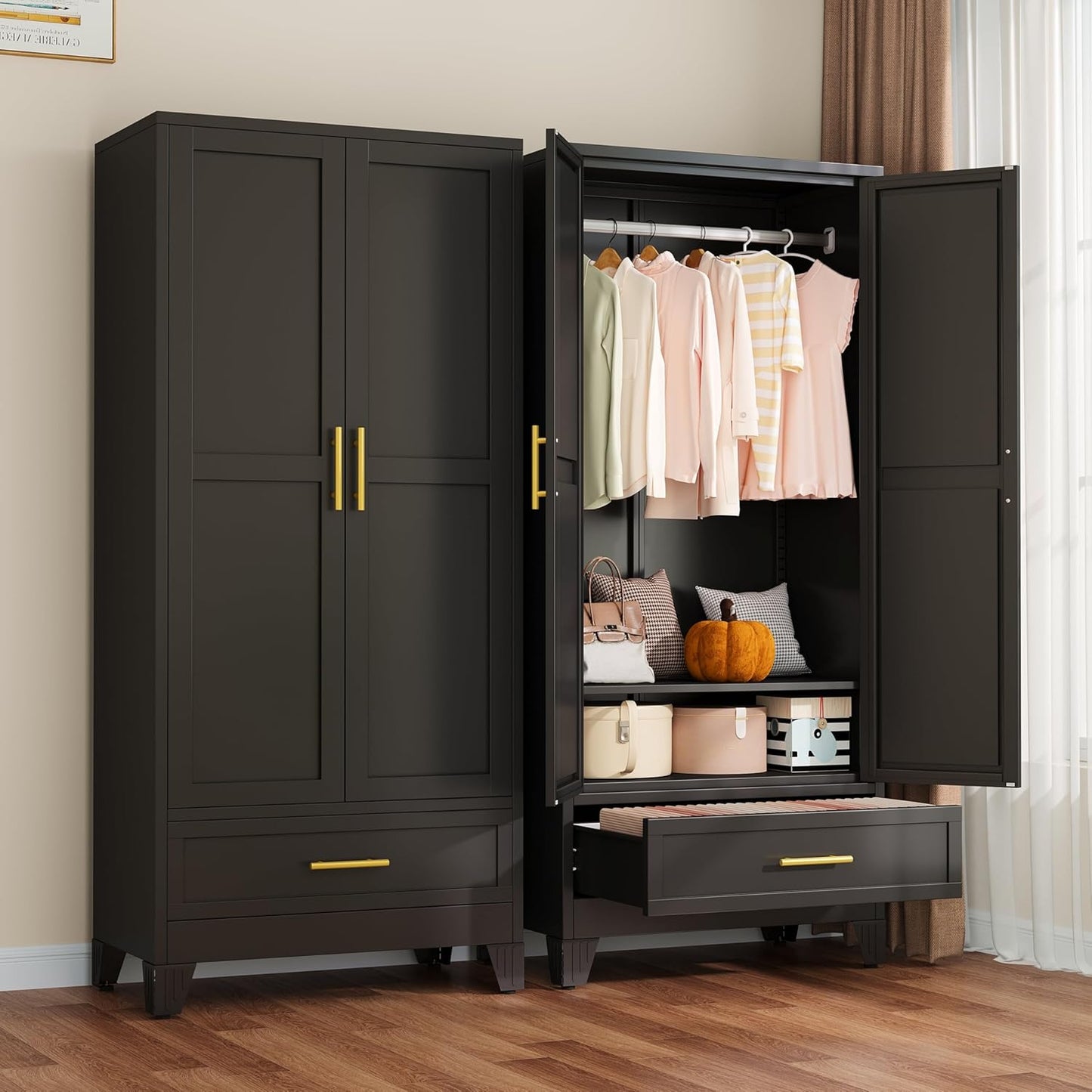 Metal Armoire Wardrobe Closet with 2 Mirror Doors, 71"' Wardrobe Cabinet with Adjustable Shelves and Hanging Rod, Clothing Storage Cabinet Closet with Mirror for Bedroom-Black