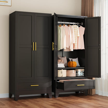 Metal Armoire Wardrobe Closet with 2 Mirror Doors, 71"' Wardrobe Cabinet with Adjustable Shelves and Hanging Rod, Clothing Storage Cabinet Closet with Mirror for Bedroom-Black