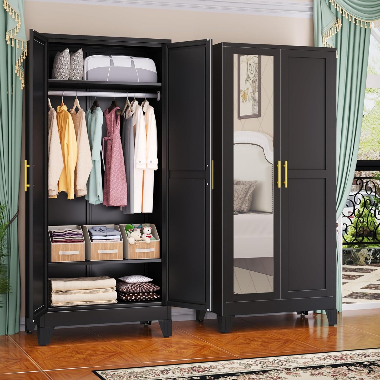 Steel Armoire Wardrobe Closet, 71" Metal Clothing Storage Cabinets with 2 Doors, 1 Adjustable Shelf and 2 Drawers, Metal Wardrobe Cabinet with Hanging Rod for Bedroom, Gym, Cloak Room (Black)