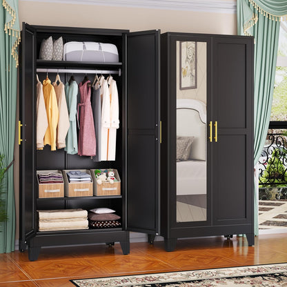 Steel Armoire Wardrobe Closet, 71" Metal Clothing Storage Cabinets with 2 Doors, 1 Adjustable Shelf and 2 Drawers, Metal Wardrobe Cabinet with Hanging Rod for Bedroom, Gym, Cloak Room (Black)
