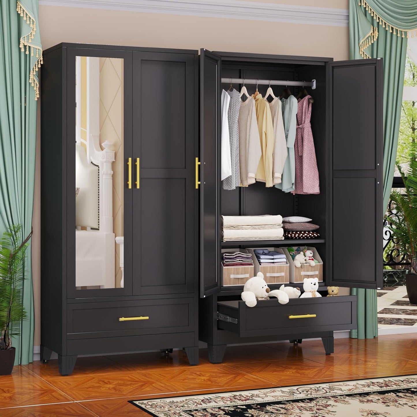 Steel Armoire Wardrobe Closet, 71" Metal Clothing Storage Cabinets with 2 Doors, 1 Adjustable Shelf and 2 Drawers, Metal Wardrobe Cabinet with Hanging Rod for Bedroom, Gym, Cloak Room (Black)