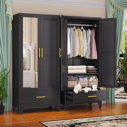 Steel Armoire Wardrobe Closet, 71" Metal Clothing Storage Cabinets with 2 Doors, 1 Adjustable Shelf and 2 Drawers, Metal Wardrobe Cabinet with Hanging Rod for Bedroom, Gym, Cloak Room (Black)