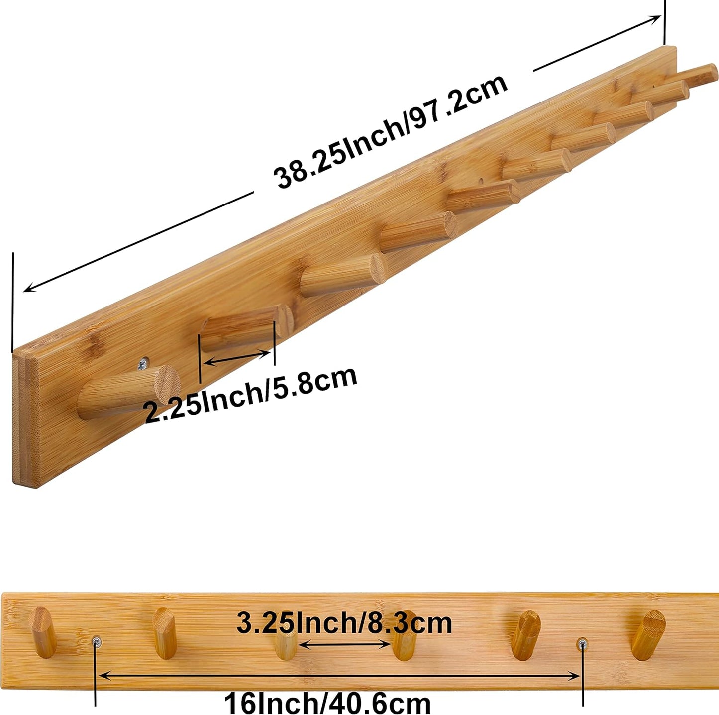 SKOLOO Wood Coat Rack Wall Mounted,10 Peg Long Bamboo Hook for Hanging Backpack Coat Towel Hat,16'' Hole to Hole,Natural