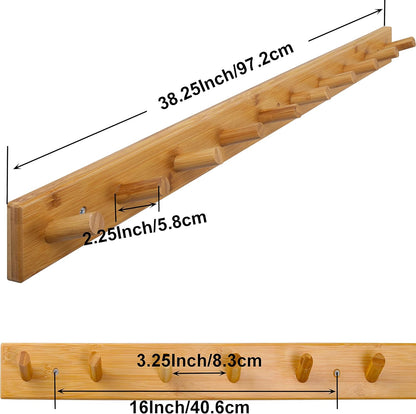 SKOLOO Wood Coat Rack Wall Mounted,10 Peg Long Bamboo Hook for Hanging Backpack Coat Towel Hat,16'' Hole to Hole,Natural