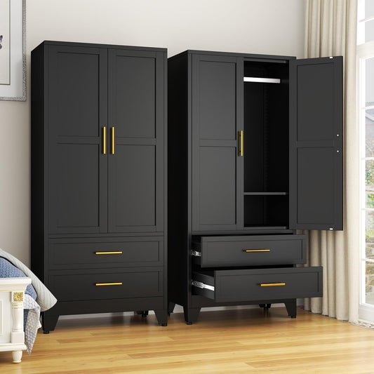 Steel Armoire Wardrobe Closet, 71" Metal Clothing Storage Cabinets with 2 Doors, 1 Adjustable Shelf and 2 Drawers, Metal Wardrobe Cabinet with Hanging Rod for Bedroom, Gym, Cloak Room (Black)