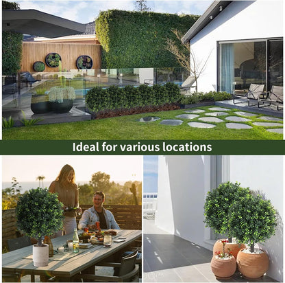 27.2" Artificial Boxwood Topiary Set of 2 with Spike, Fake Plants Boxwood Balls Greenery Bushes, Uv Resistant Artificial Outdoor Plants Shrubs for Front Porch Decor, Home Faux Plants Indoor