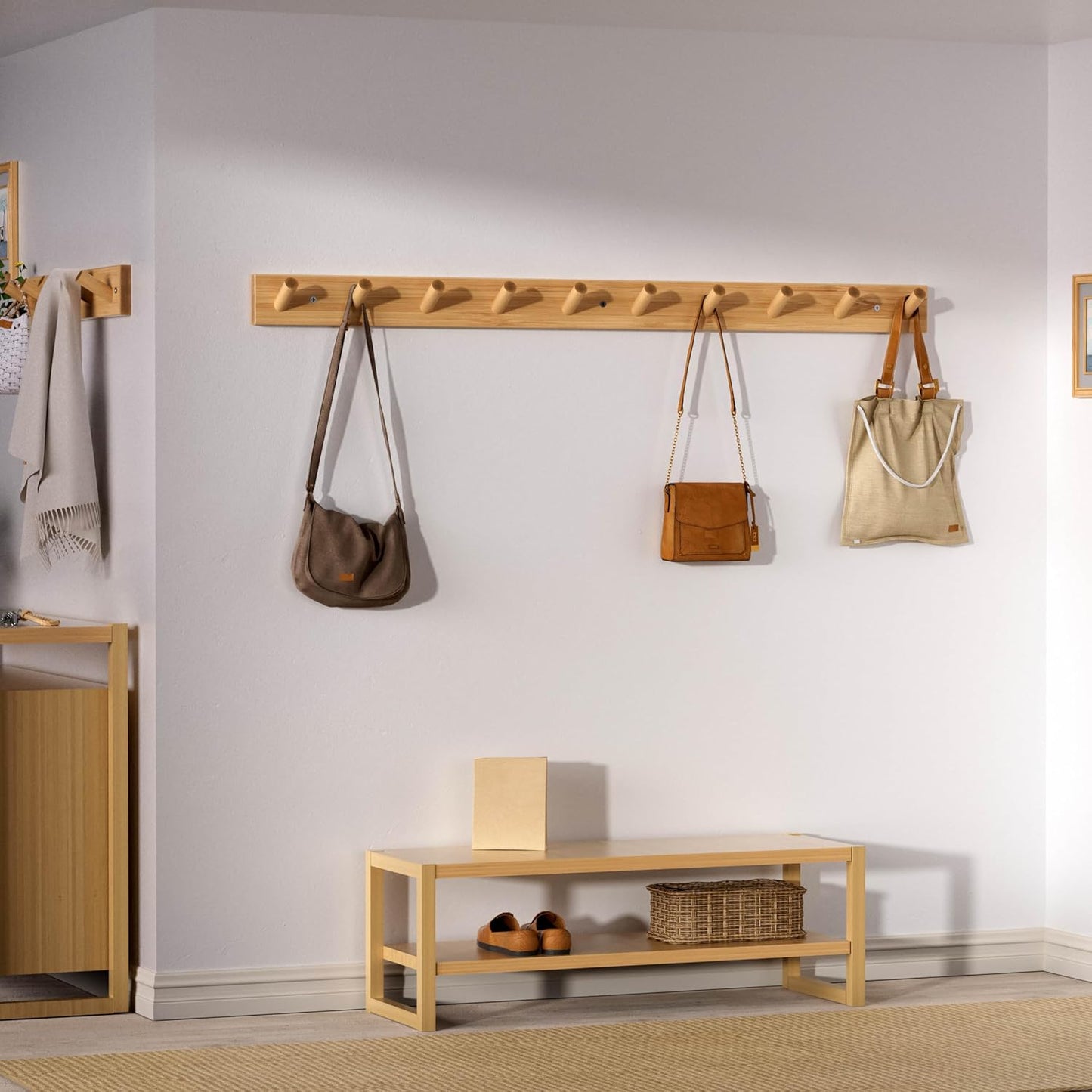 SKOLOO Wood Coat Rack Wall Mounted,10 Peg Long Bamboo Hook for Hanging Backpack Coat Towel Hat,16'' Hole to Hole,Natural