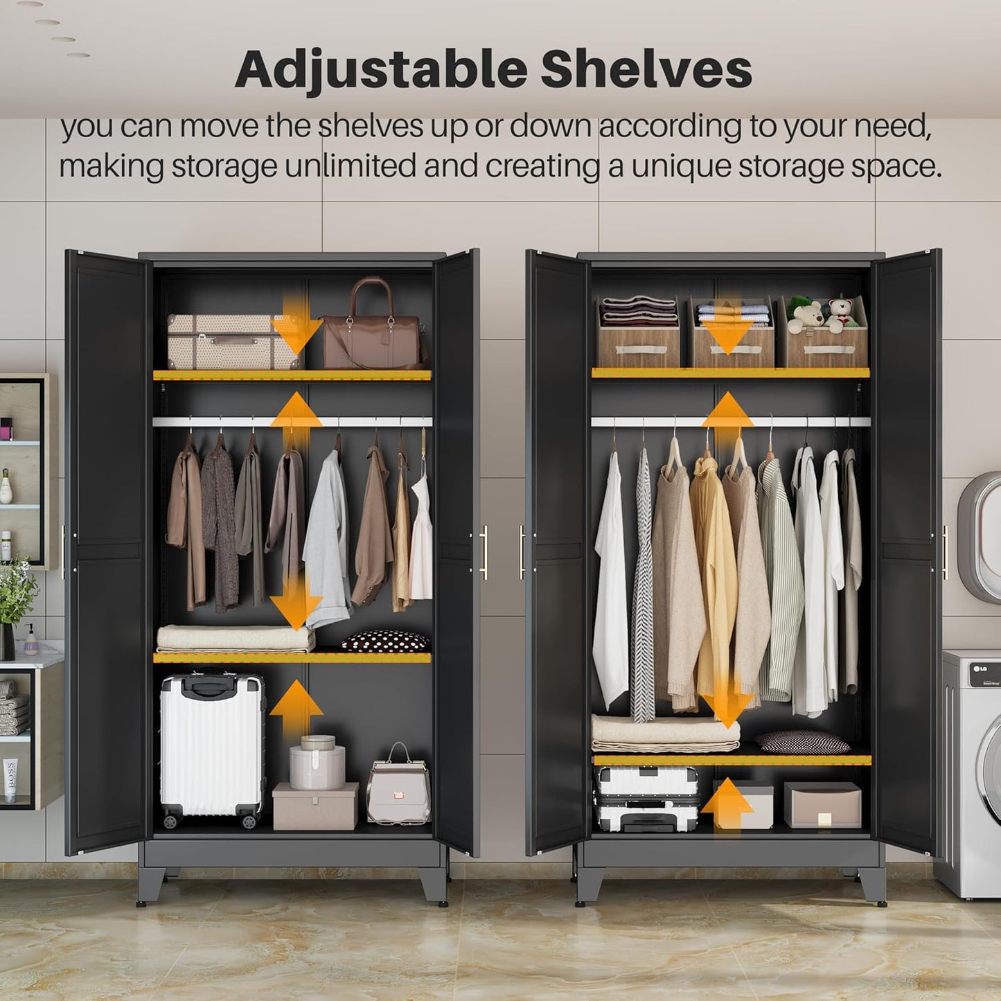 Metal Armoire Wardrobe Closet with 2 Mirror Doors, 71"' Wardrobe Cabinet with Adjustable Shelves and Hanging Rod, Clothing Storage Cabinet Closet with Mirror for Bedroom-Black