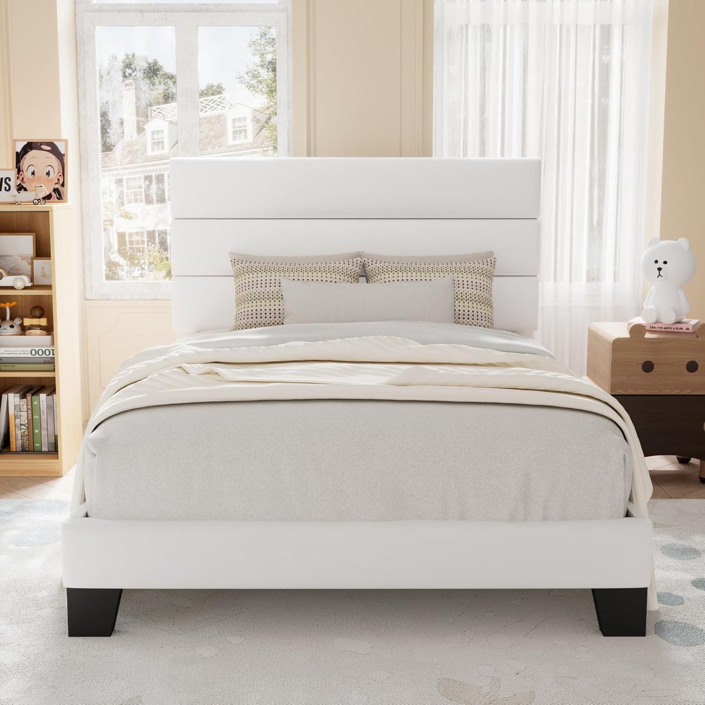 Allewie Queen Size Platform Bed Frame with Fabric Upholstered Headboard and Wooden Slats Support, Fully Upholstered Mattress Foundation/No Box Spring Needed/Easy Assembly, Dark Grey