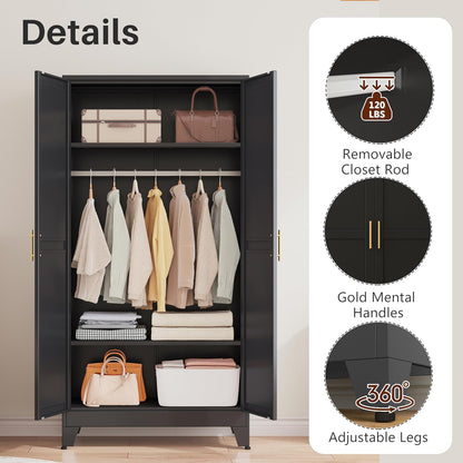 Metal Armoire Wardrobe Closet with 2 Mirror Doors, 71"' Wardrobe Cabinet with Adjustable Shelves and Hanging Rod, Clothing Storage Cabinet Closet with Mirror for Bedroom-Black