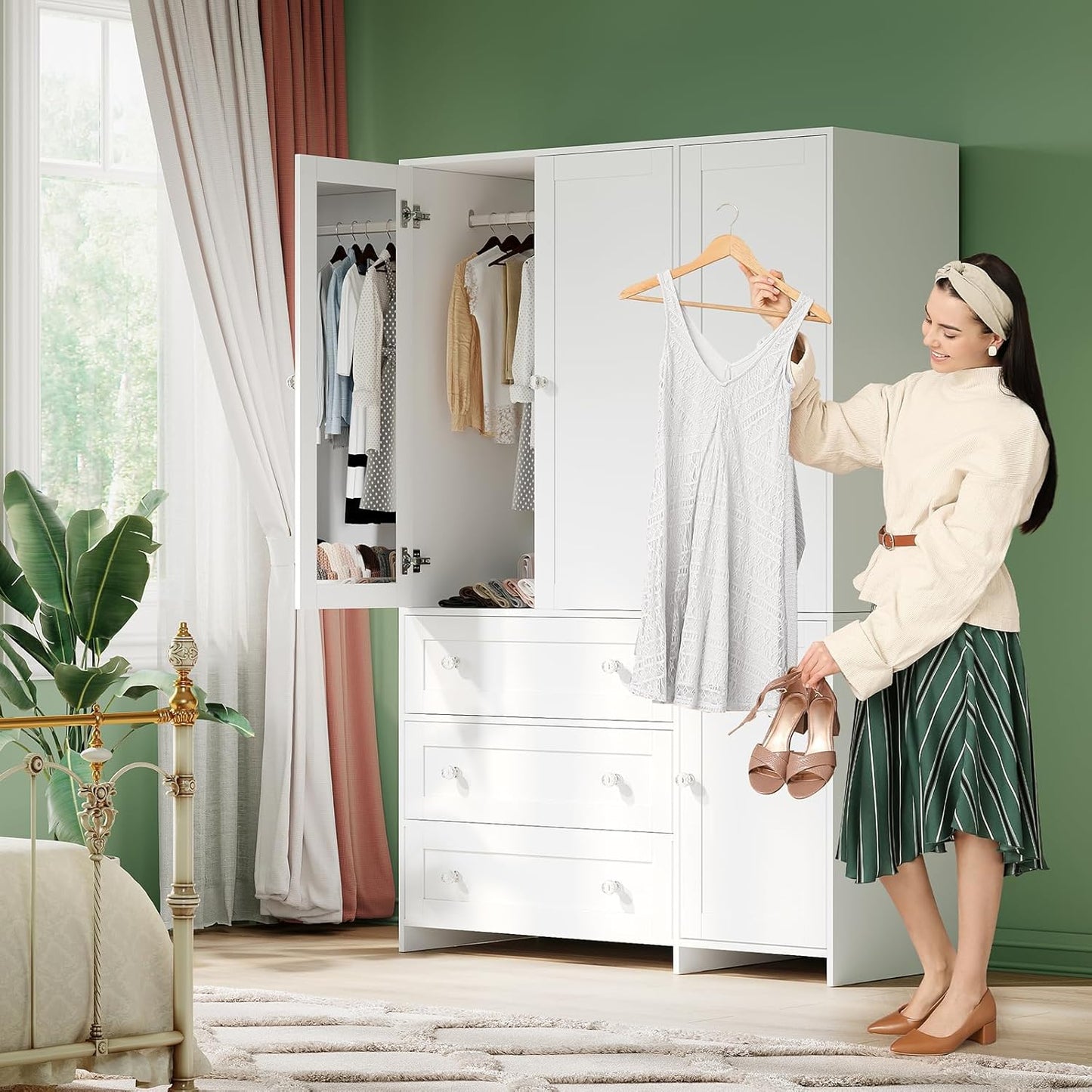 VOWNER Armoire Wardrobe Closet with Drawers and Mirror, 71" Clothing Storage Cabinet with Hanging Rod, 4 Doors Wooden Wardrobe Cabinet for Bedroom, Large Capacity Storage