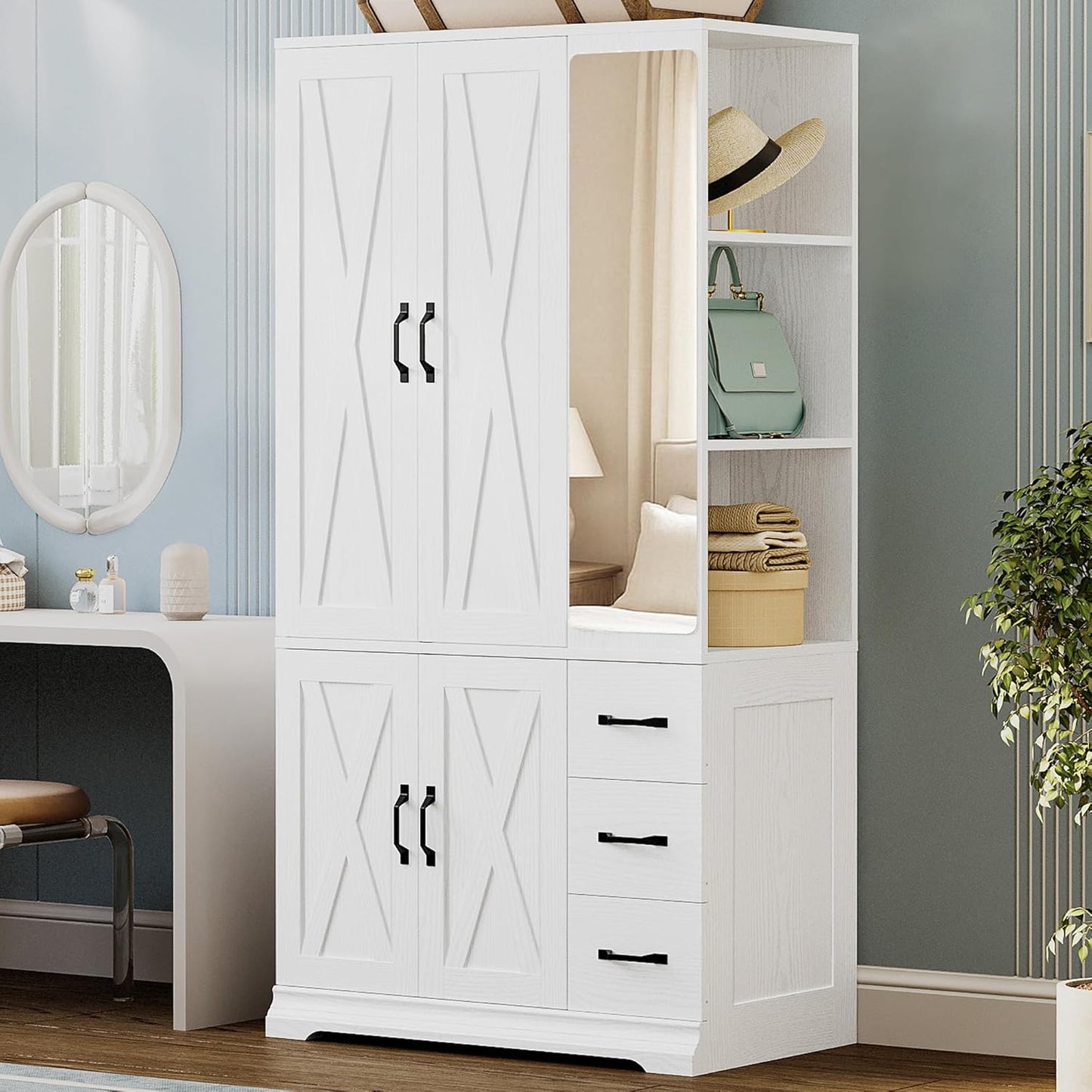 ANCTOR Armoire Wardrobe Closet with Mirror, 70.9" H × 36.2" W, Bedroom Armoires with 4 Doors, 3 Drawers and Shelves, Large Clothing Storage Cabinet for Hanging Clothes, White
