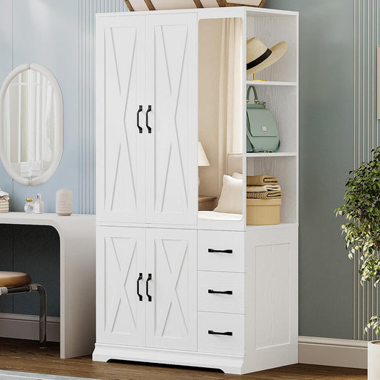 ANCTOR Armoire Wardrobe Closet with Mirror, 70.9" H × 36.2" W, Bedroom Armoires with 4 Doors, 3 Drawers and Shelves, Large Clothing Storage Cabinet for Hanging Clothes, White