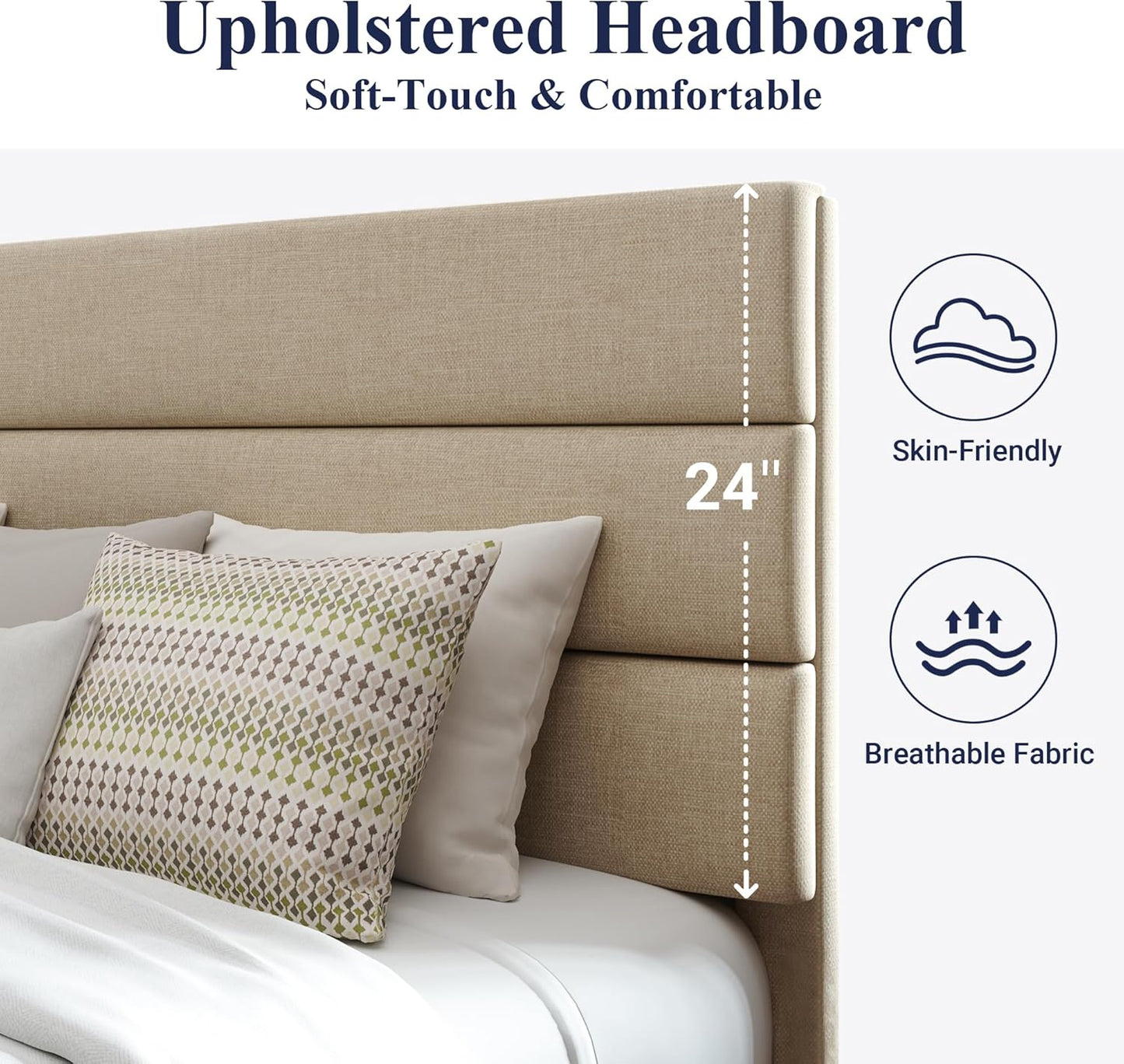 Allewie Queen Size Platform Bed Frame with Fabric Upholstered Headboard and Wooden Slats Support, Fully Upholstered Mattress Foundation/No Box Spring Needed/Easy Assembly, Beige