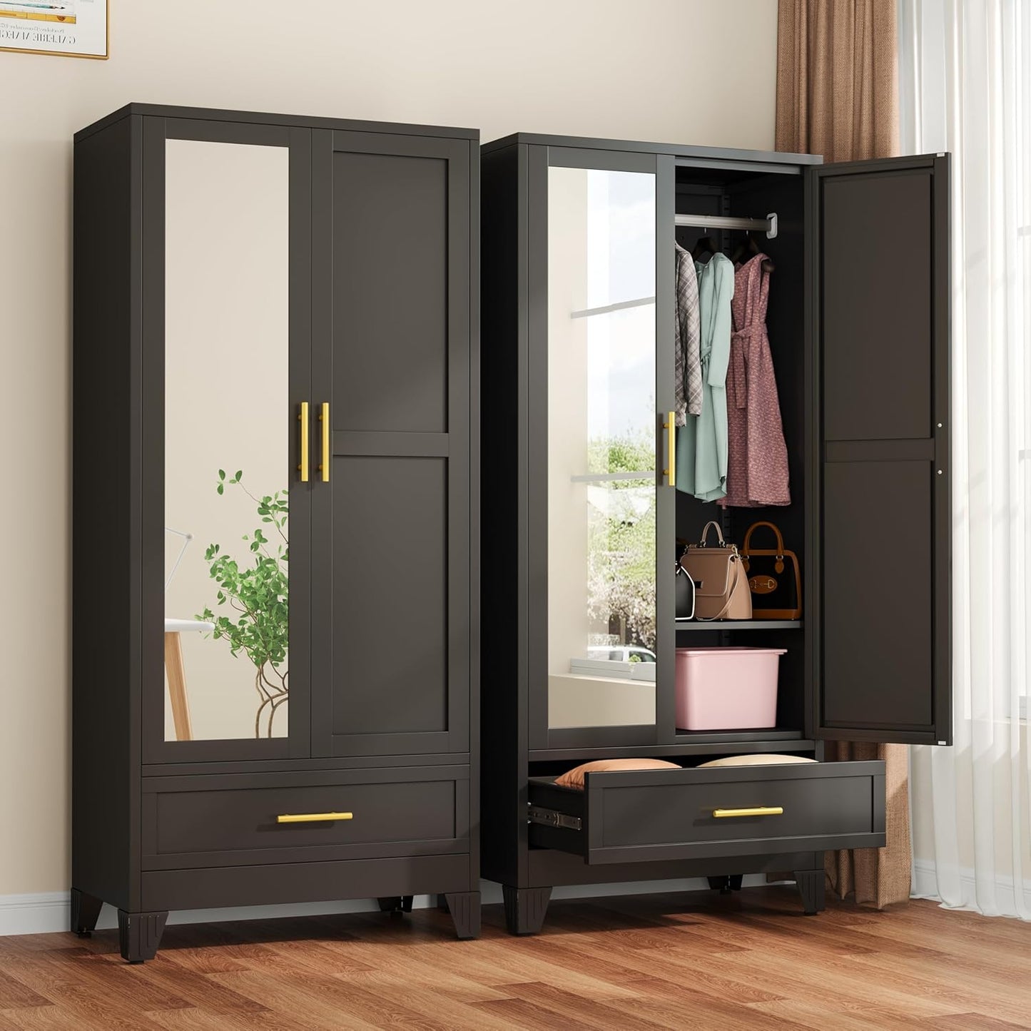 Metal Armoire Wardrobe Closet with 2 Mirror Doors, 71"' Wardrobe Cabinet with Adjustable Shelves and Hanging Rod, Clothing Storage Cabinet Closet with Mirror for Bedroom-Black