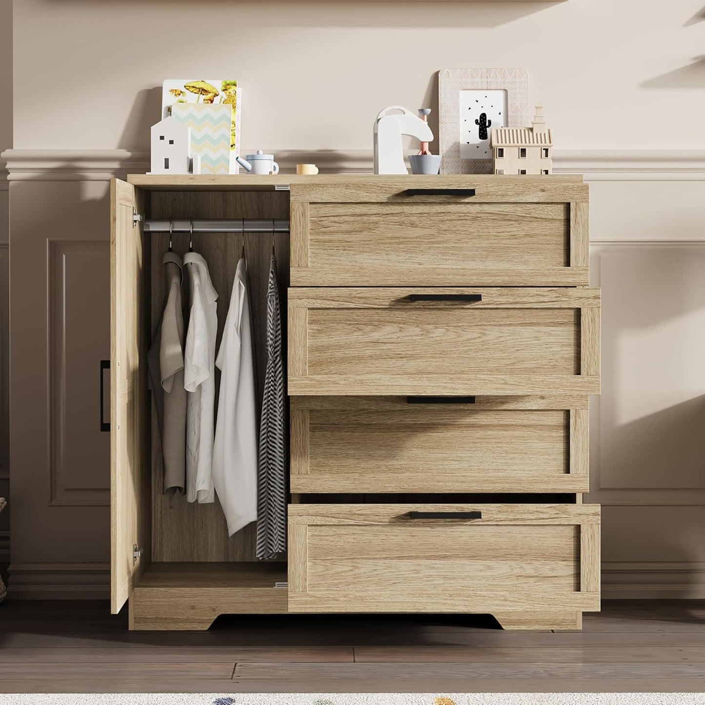 IDEALHOUSE 43.3'' H Armoire Wardrobe Closet with 4 Drawers and 2 Doors, Hanging Rod, Multifunctional Wooden Dresser with Storage Closet, Bathroom Cabinet for Bedroom, Gray