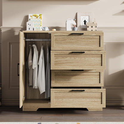 IDEALHOUSE 43.3'' H Armoire Wardrobe Closet with 4 Drawers and 2 Doors, Hanging Rod, Multifunctional Wooden Dresser with Storage Closet, Bathroom Cabinet for Bedroom, Gray