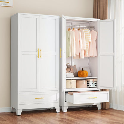 Metal Armoire Wardrobe Closet with 2 Mirror Doors, 71"' Wardrobe Cabinet with Adjustable Shelves and Hanging Rod, Clothing Storage Cabinet Closet with Mirror for Bedroom-Black