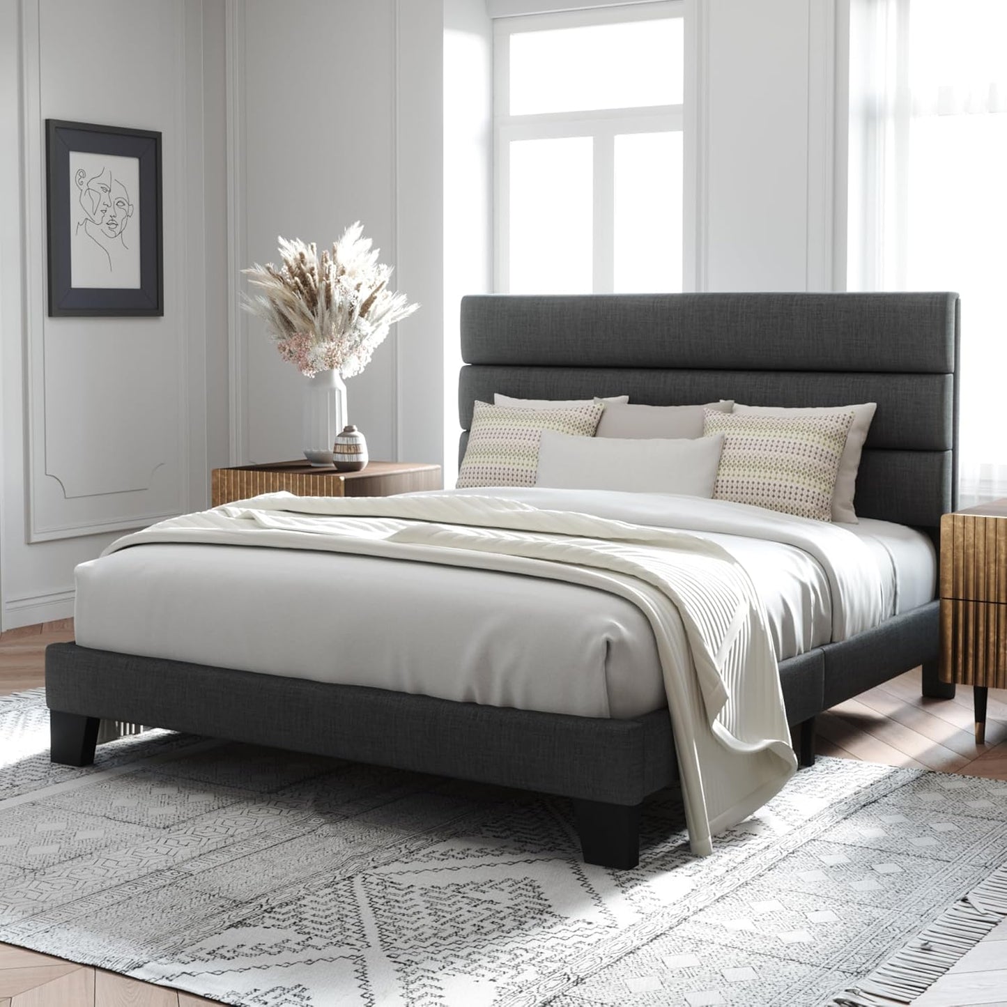 Allewie Queen Size Platform Bed Frame with Fabric Upholstered Headboard and Wooden Slats Support, Fully Upholstered Mattress Foundation/No Box Spring Needed/Easy Assembly, Dark Grey