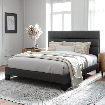 Allewie Queen Size Platform Bed Frame with Fabric Upholstered Headboard and Wooden Slats Support, Fully Upholstered Mattress Foundation/No Box Spring Needed/Easy Assembly, Dark Grey