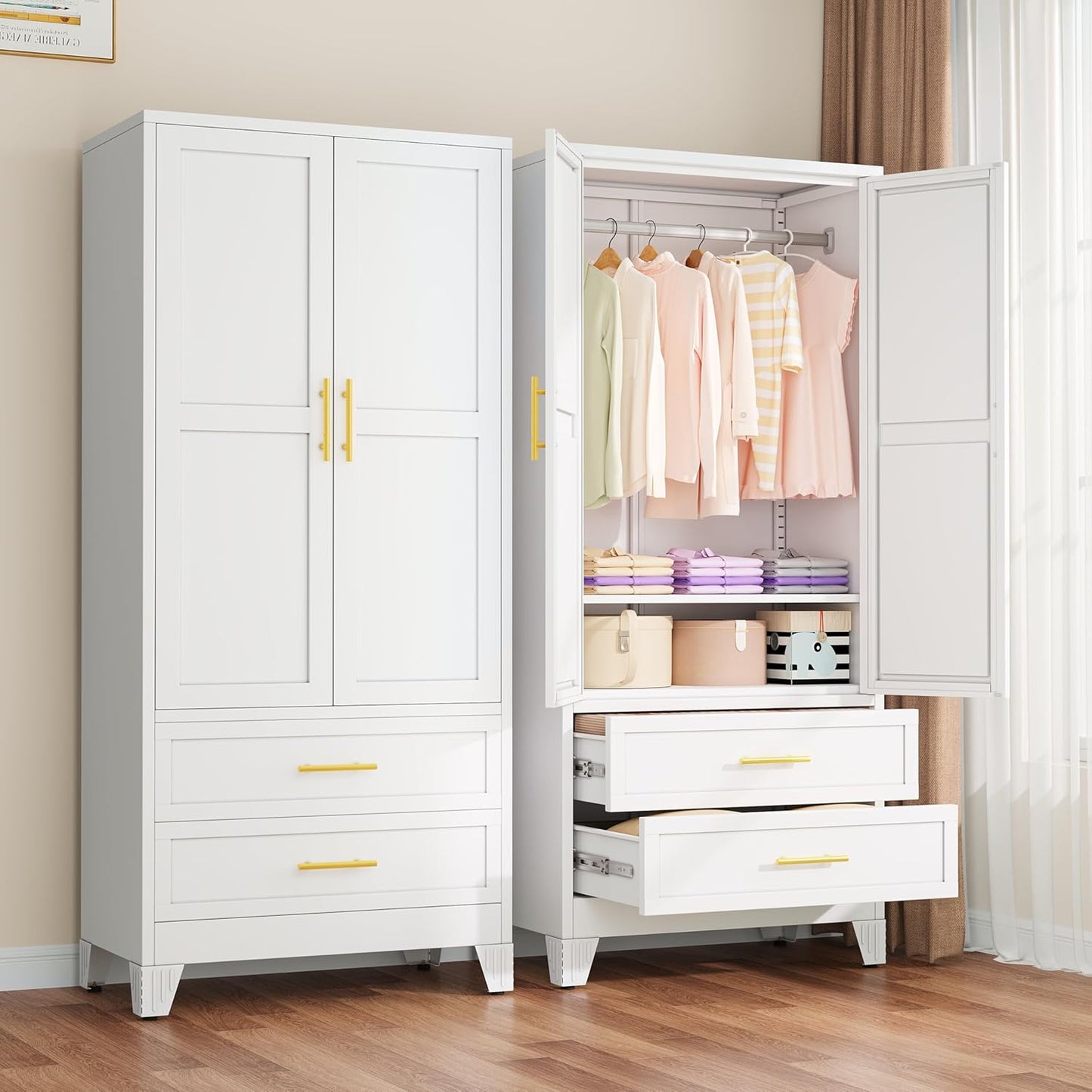 Metal Armoire Wardrobe Closet with 2 Mirror Doors, 71"' Wardrobe Cabinet with Adjustable Shelves and Hanging Rod, Clothing Storage Cabinet Closet with Mirror for Bedroom-Black