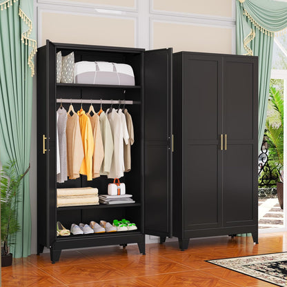 Steel Armoire Wardrobe Closet, 71" Metal Clothing Storage Cabinets with 2 Doors, 1 Adjustable Shelf and 2 Drawers, Metal Wardrobe Cabinet with Hanging Rod for Bedroom, Gym, Cloak Room (Black)
