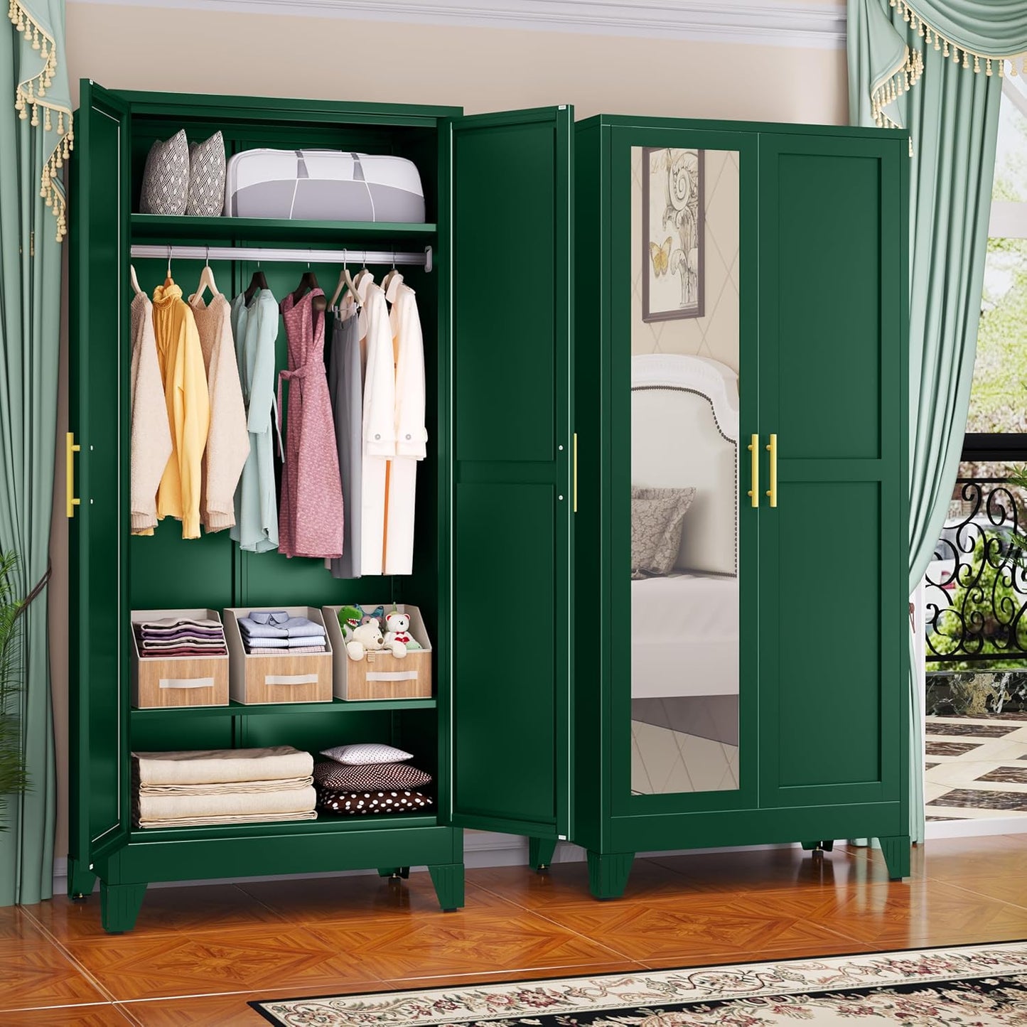 Steel Armoire Wardrobe Closet, 71" Metal Clothing Storage Cabinets with 2 Doors, 1 Adjustable Shelf and 2 Drawers, Metal Wardrobe Cabinet with Hanging Rod for Bedroom, Gym, Cloak Room (Black)